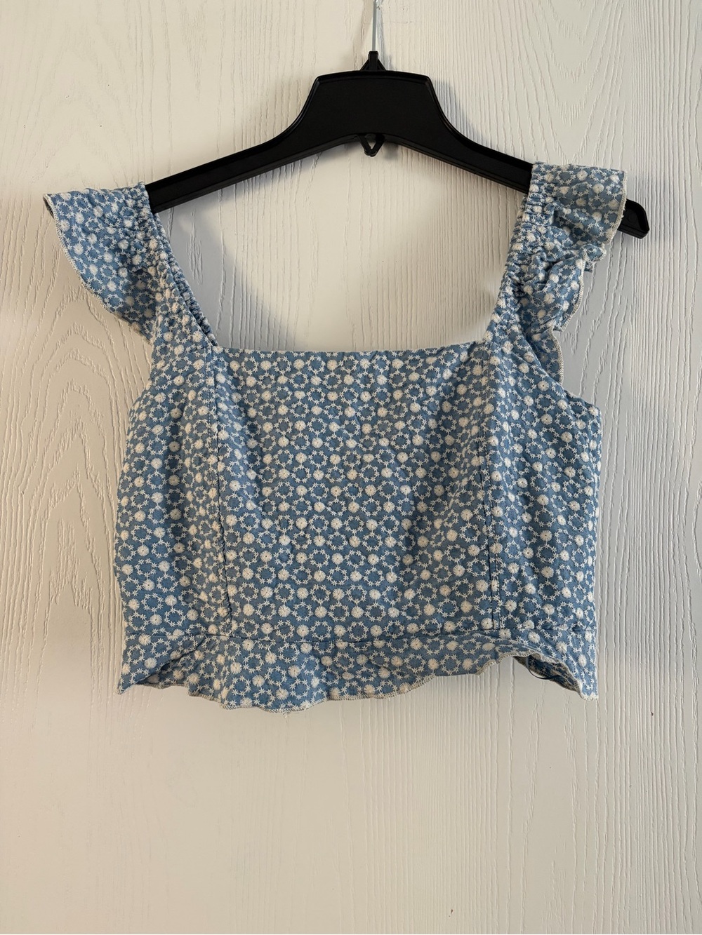 Light Blue Floral Square-Neck Crop Top with Ruffled Straps